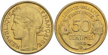 ФРАНЦИЯ 50 САНТИМОВ 1939 В, ТИП MORLON, МОНДВОР БРЮССЕЛЬ KM 894.2, LE FRANC 192.16 алюминиевая бронза 44-916