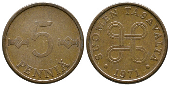 Финляндия 5 пенни 1971 KM 45 медь 220-248