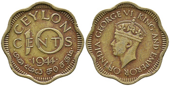 ЦЕЙЛОН 10 ЦЕНТОВ 1944 ГЕОРГ VI KM 118 никель латунь 34-823