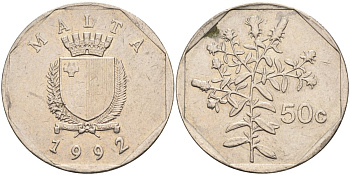 Мальта 50 центов 1992 девясил KM 98 медно-никель 213-945