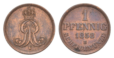 Ганновер 1 пфенниг 1858 B, Георг V (1851-1866) KM 233, AKS 156, J. 90 медь    4658-1059