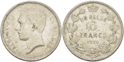 БЕЛЬГИЯ 5 ФРАНКОВ 1930 АЛЬБЕРТ I, DES BELGES KM 97.1 никель 3851-131