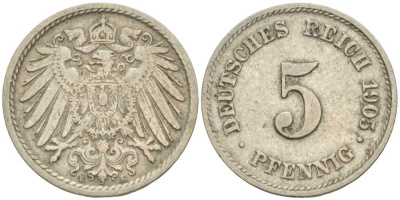 ГЕРМАНИЯ 5 ПФЕННИГОВ 1905 E KM 11, J. 12 медно-никель 105-112