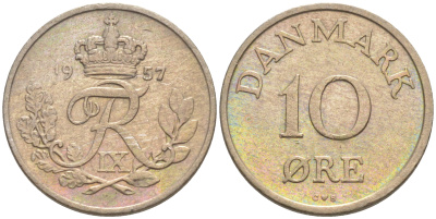 ДАНИЯ 10 ЭРЕ 1957 C; S, ФРЕДЕРИК IX (1947-1972) КМ 841.2 медно-никель 187-637