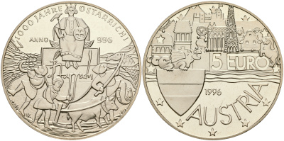 Австрия 5 евро 1996 1000 лет Австрии медно-никель PROOF 1066-2-23