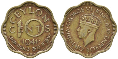 ЦЕЙЛОН 10 ЦЕНТОВ 1944 ГЕОРГ VI KM 118 никель латунь 34-823