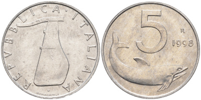 Италия 5 лир 1998 R, дельфин KM 92 алюминий  UNC  4594-748