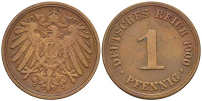 ГЕРМАНИЯ 1 ПФЕННИГ 1900 A KM 10, J. 10, Weege 2 медь 211-244