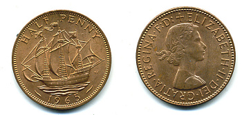 Великобритания 1/2 пенни 1965 Елизавета II (1952-2022) KM 896, Spink 4158 бронза 4383-1043