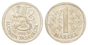 Финляндия 1 марка 1968 KM 49 серебро aUNC 4648-531