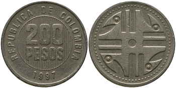 Колумбия 200 песо 1997 KM 287.2, Schon 113, Restrepo 446 никель латунь 4538-333