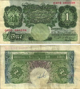 АНГЛИЯ 1 ФУНТ 1949-1955 ЗЕЛЕНЫЙ, ПОДПИСЬ P.S. BEALE Pick 369b бумага VF 6283-25-2-2