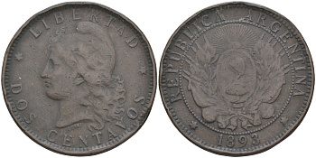 Аргентина 2 сентаво 1893 голова свободы влево KM 8 бронза 63-514