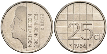 Нидерланды 25 центов 1986 Беатрикс (1980-2013) KM 204 никель UNC 4588-866