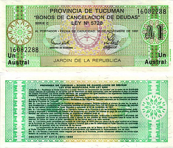 Аргентина, провинция Тукуман 1 аустраль 1991 Pick S 2711b бумага UNC (пресс) 7487-65-1-2