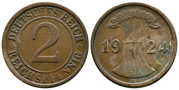 ГЕРМАНИЯ 2 РЕЙХСПФЕННИГА 1924 A KM 38, J. 314 бронза 93-712