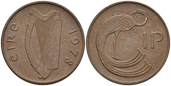 Ирландия 1 пенни 1978 мифологическая птица лира KM 20 бронза 4146-424
