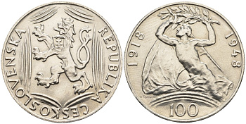Чехословакия 100 крон 1948 30 лет независимости KM 27 серебро UNC 87-1036