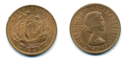 Великобритания 1/2 пенни 1965 Елизавета II (1952-2022) KM 896, Spink 4158 бронза 4383-1043