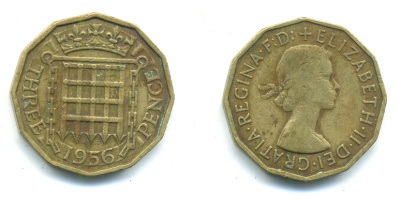 Великобритания 3 пенса 1956 Елизавета II (1952-2022) KM 900, Spink 4153 никель латунь 4383-314