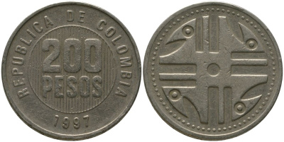 Колумбия 200 песо 1997 KM 287.2, Schon 113, Restrepo 446 никель латунь 4538-333