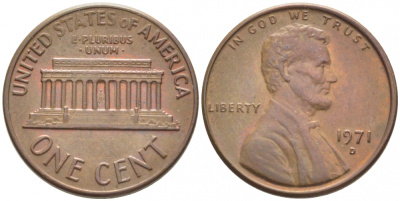 США 1 ЦЕНТ 1971 D, ЛИНКОЛЬН KM 201 медь цинк 105-1061