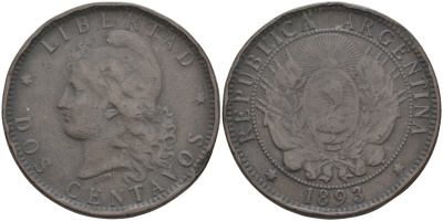 Аргентина 2 сентаво 1893 голова свободы влево KM 8 бронза 63-514