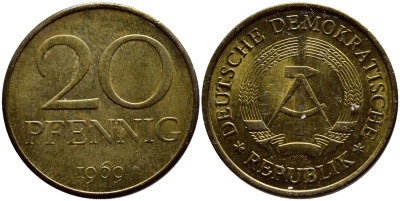 ГДР 20 пфеннигов 1969 А, первый год KM 11 латунь UNC 4398-1142