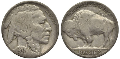 США 5 ЦЕНТОВ 1937 ИНДЕЕЦ, БИЗОН KM 134 медно-никель 27-712