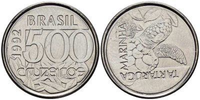 Бразилия 500 крузейро 1992 морская черепаха KM 624 нержавеющая сталь 4516-526