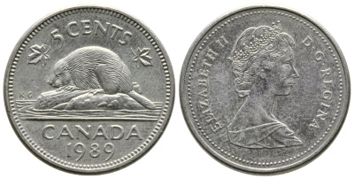 Канада 5 центов 1989 Елизавета II (1952-2022), бобер KM 60.2а медно-никель 4364-2621