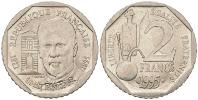 Франция 2 франка 1995 100 лет со дня смерти Луи Пастера KM 1119 никель UNC 4582-241