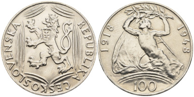 Чехословакия 100 крон 1948 30 лет независимости KM 27 серебро UNC 87-1036
