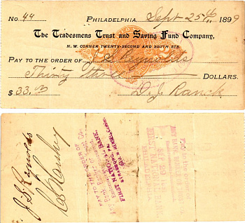 США чек на 33 долларов 1899 Филадельфия бумага 3295-34-2-1