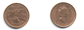 КАНАДА 1 ЦЕНТ 1998 ЕЛИЗАВЕТА II, КЛЕНОВЫЙ ЛИСТ KM 289 сталь плакированная медью 177-1442