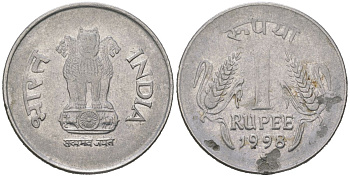 Индия 1 рупия 1998 монетный двор знак звездочка - Хайдарабад	 KM 92.2 нержавеющая сталь 4582-736