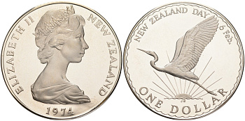 Новая Зеландия 1 доллар 1974 национальный день 6 февраля, большая белая цапля, Елизавета II (1952-2022), тираж 5000 экземпляров KM 45 медно-никель PROOF 00-000-00