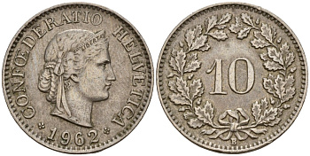 Швейцария 10 раппенов 1962 B KM 27 медно-никель 4189-361