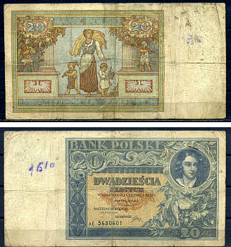Польша 20 злотых 1931 Pick 73 бумага 8518-2-1-2