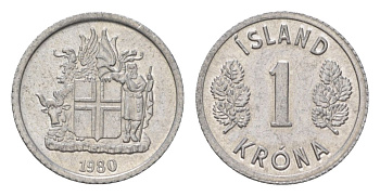 Исландия 1 крона 1980 KM 23 алюминий UNC 4627-749