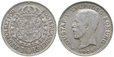 Швеция 1 крона 1924 W, Густав V (1907-1950) , цифры даты разделены точками KM 786.1 серебро 4178-617