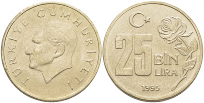 Турция 25000 лир 1995 Мустафа Кемаль Ататюрк KM 1041 медь никель цинк 4402-1053