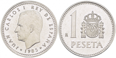 Испания 1 песета 1985 M, Хуан Карлос I (1975-2014) KM 821 алюминий 87-1522