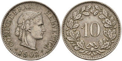 Швейцария 10 раппенов 1962 B KM 27 медно-никель 4189-361