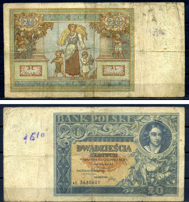 Польша 20 злотых 1931 Pick 73 бумага 8518-2-1-2