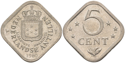 Нидерландские Антилы 5 центов 1980 Юлиана (1948-1980) KM 13 медно-никель 4595-443